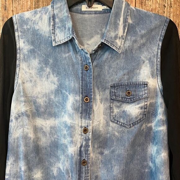 Blu Pepper Sz S NWT Blue Tie-Dye Sheer Sleeves & Hem Oversized Relaxed Shirt - Picture 5 of 12